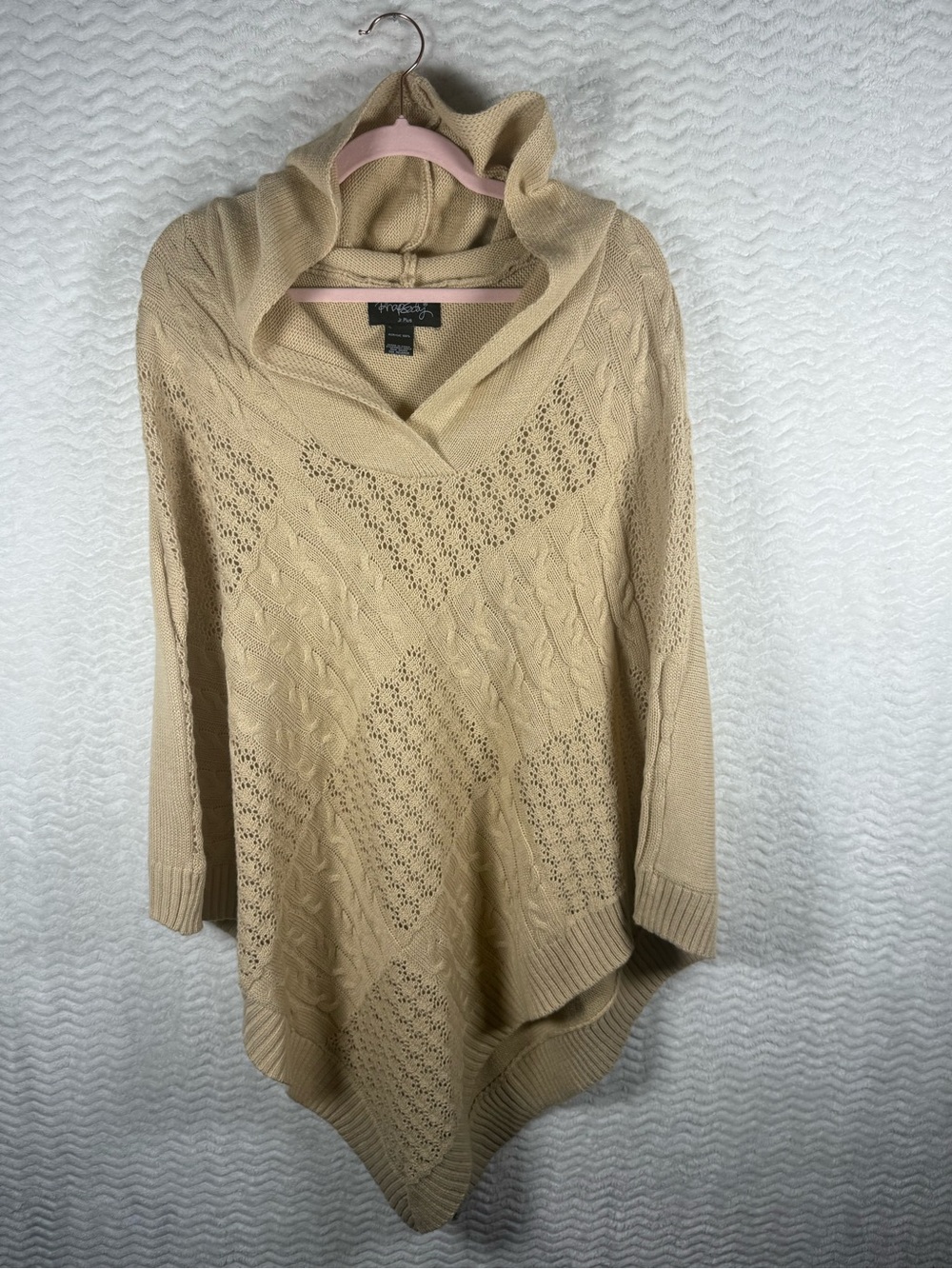 Rhapsody Beige Cable-Knit Cowl Turtleneck Sweater